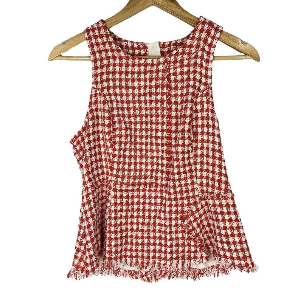 Anthropologie Maeve Sz 8 Red White Checkered Houndstooth Peplum Sleeveless Top
